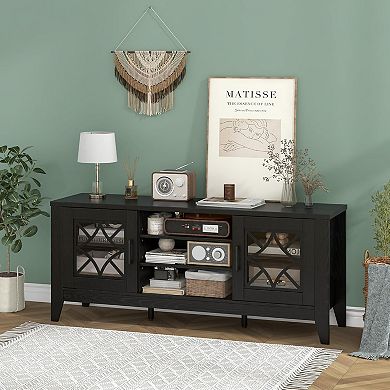 ZUQIETA 65"TV Stand with Glass Door Cabinets & 4 Adjustable Shelves,Modern Media Console,Black