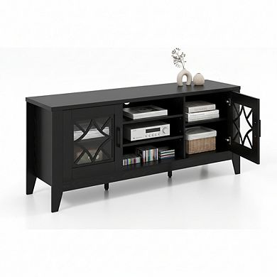 ZUQIETA 65"TV Stand with Glass Door Cabinets & 4 Adjustable Shelves,Modern Media Console,Black