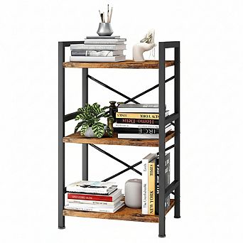 ZUQIETA 3 tier Industrial Bookcase, Metal Etagere Shelf in Rustic Brown for Living Room, Bedroom