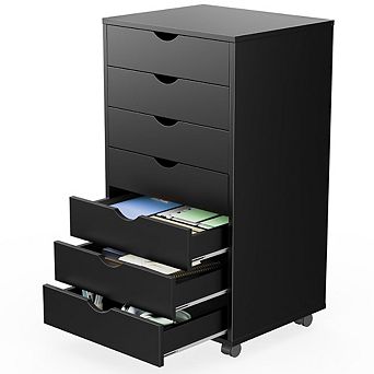 KSIZUIS 7-Drawer Mobile Storage Chest - Wooden Dresser with Wheels for Home & Office, Black