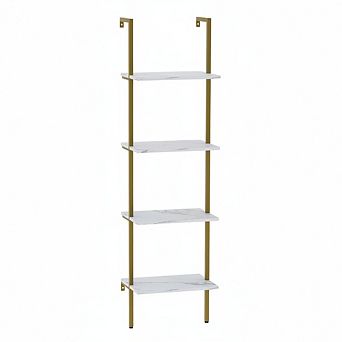 ZUQIETA 4 tier Metal Industrial Bookshelf, White Marble & Wood Open Wall Mounted Rack for Home Offic