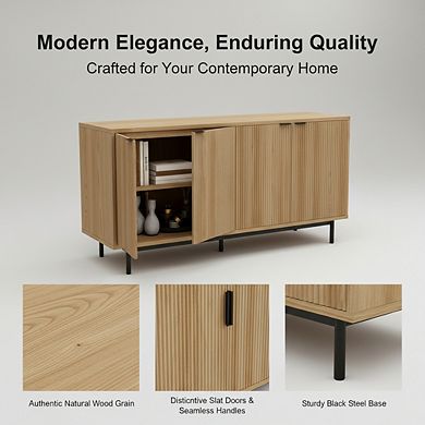 ZUQIETA Modern TV Stand for 65"TVs-Storage Cabinets&Adjustable Shelves,Natural Wood