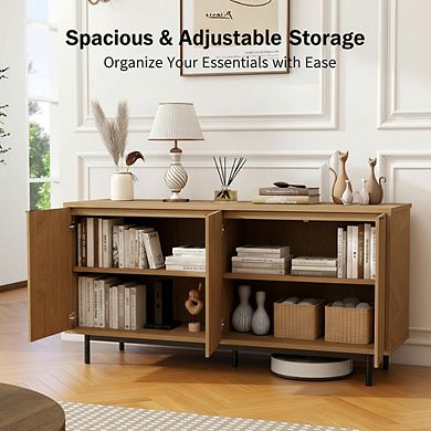 ZUQIETA Modern TV Stand for 65"TVs-Storage Cabinets&Adjustable Shelves,Natural Wood