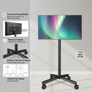 ZUQIETA Silent Rolling TV Cart - Height Adjustable Mobile Stand for 23-60” TVs up to 88 lbs