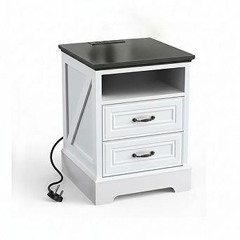ZUQIETA Farmhouse Nightstand with Charging Station&2 Drawers,18"White Wood Side Table