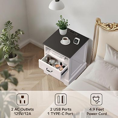 ZUQIETA Farmhouse Nightstand with Charging Station&2 Drawers,18"White Wood Side Table