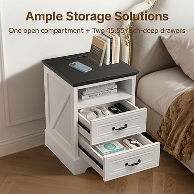 ZUQIETA Farmhouse Nightstand with Charging Station&2 Drawers,18"White Wood Side Table