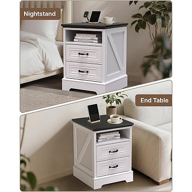 ZUQIETA Farmhouse Nightstand with Charging Station&2 Drawers,18"White Wood Side Table