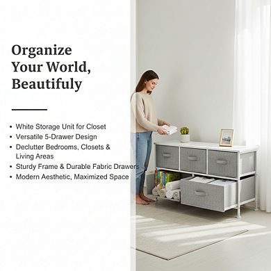 ZUQIETA Extra Wide 5-Drawer Fabric Organizer - White Storage Unit for Closet