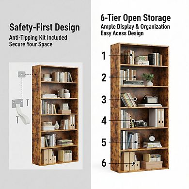 ZUQIETA 6-Shelf Industrial Bookcase, 63" Tall Floor Standing Open Shelf with Anti-Tip Device