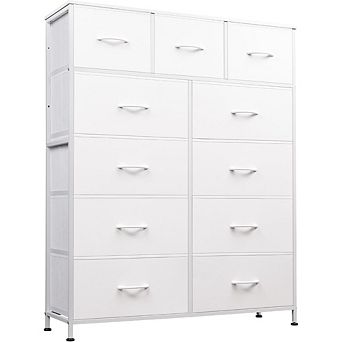 ZUQIETA 11-Drawer Elite Storage Tower - White Fabric Dresser with Steel Frame & Wood Top