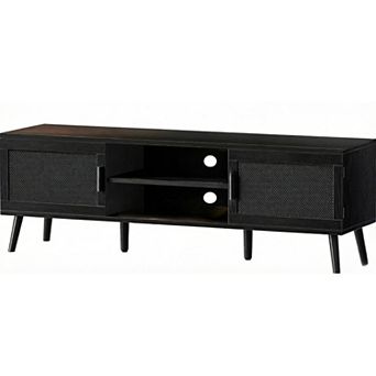 ZUQIETA 65"TV Stand with 2 Cabinets&Adjustable Shelf,Solid Wood Feet&Cord Management,Black