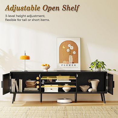 ZUQIETA 65"TV Stand with 2 Cabinets&Adjustable Shelf,Solid Wood Feet&Cord Management,Black