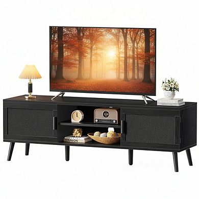 ZUQIETA 65"TV Stand with 2 Cabinets&Adjustable Shelf,Solid Wood Feet&Cord Management,Black