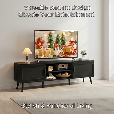 ZUQIETA 65"TV Stand with 2 Cabinets&Adjustable Shelf,Solid Wood Feet&Cord Management,Black
