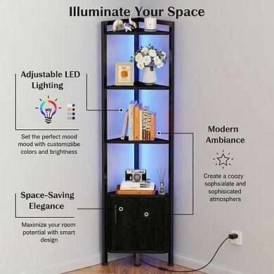 ZUQIETA 5-Tier Corner Shelf Cabinet with LED Light, 62.8" Standing Storage Display for Bedroom