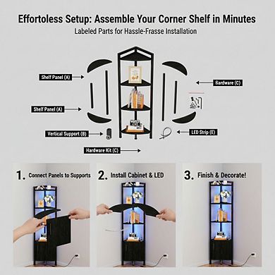 ZUQIETA 5-Tier Corner Shelf Cabinet with LED Light, 62.8" Standing Storage Display for Bedroom