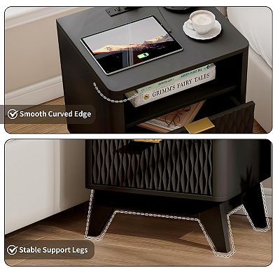 ZUQIETA Fluted Nightstand with Charging Station & Drawers, 18" Modern Black End Table