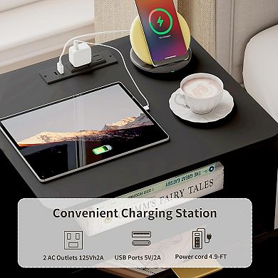 ZUQIETA Fluted Nightstand with Charging Station & Drawers, 18" Modern Black End Table