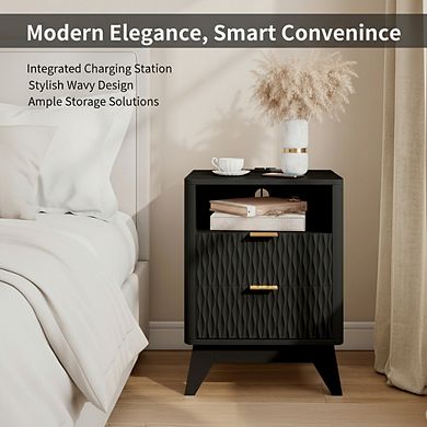 ZUQIETA Fluted Nightstand with Charging Station & Drawers, 18" Modern Black End Table
