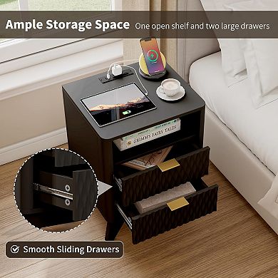 ZUQIETA Fluted Nightstand with Charging Station & Drawers, 18" Modern Black End Table