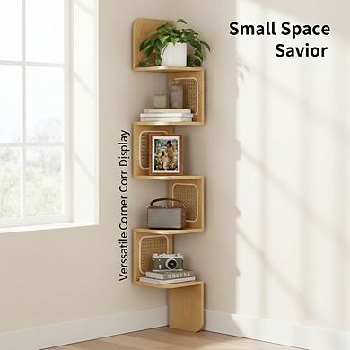 ZUQIETA 5-Tier Floating Corner Shelf, Zigzag PVC Rattan Unit for Kitchen, Living Room Bedroom