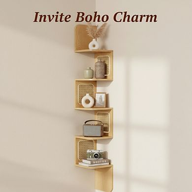 ZUQIETA 5-Tier Floating Corner Shelf, Zigzag PVC Rattan Unit for Kitchen, Living Room Bedroom