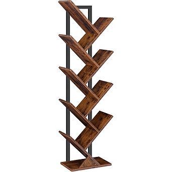 ZUQIETA 9 tier Tree Bookcase, Rustic Brown Wooden Display Shelf for CDs, Books in Living Room, Bedro