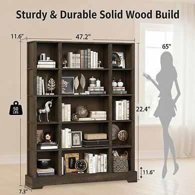 ZUQIETA 5-Tier Solid Wood Bookcase, 64" Tall Freestanding Shelf for Living Room & Home Office, Walnu