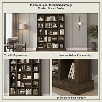 ZUQIETA 5-Tier Solid Wood Bookcase, 64" Tall Freestanding Shelf for Living Room & Home Office, Walnu