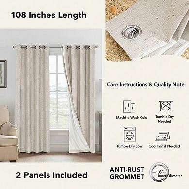 KSIZUIS 100% Blackout Linen Curtains - 108” Long with White Liner, 2 Panels, Grommet Top