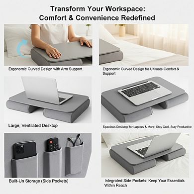 KSIZUIS Gaming Reading Pillow with Lap Desk - Ergonomic Arm Rests & Side Pockets for Bed & Couch