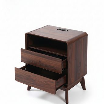 ZUQIETA Wood Nightstand with 2 Drawers & Open Shelf, Solid Wood Legs Accent End Table, Walnut
