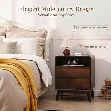 ZUQIETA Wood Nightstand with 2 Drawers & Open Shelf, Solid Wood Legs Accent End Table, Walnut