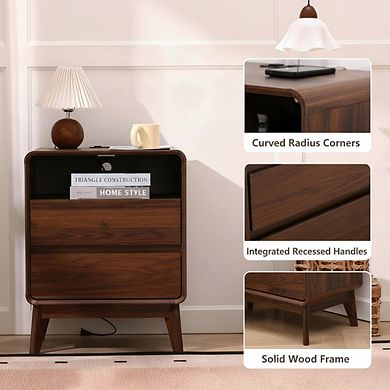 ZUQIETA Wood Nightstand with 2 Drawers & Open Shelf, Solid Wood Legs Accent End Table, Walnut