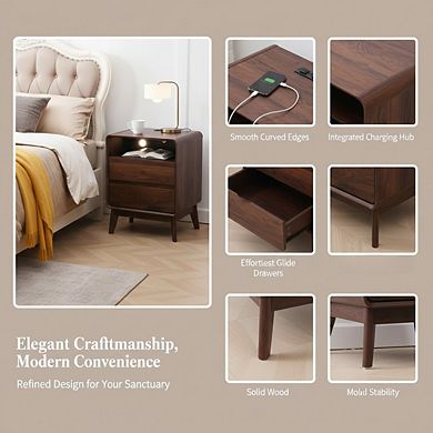 ZUQIETA Wood Nightstand with 2 Drawers & Open Shelf, Solid Wood Legs Accent End Table, Walnut