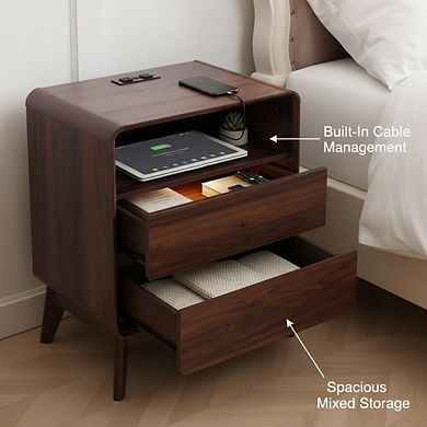 ZUQIETA Wood Nightstand with 2 Drawers & Open Shelf, Solid Wood Legs Accent End Table, Walnut