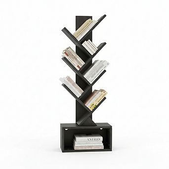 ZUQIETA 6 tier Tree Bookcase with LED Lights, Corner Storage Shelf for Living Room, Bedroom & Home