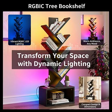 ZUQIETA 6-Tier Tree Bookcase with LED Lights, Corner Storage Shelf for Living Room, Bedroom & Home