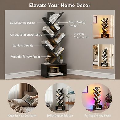 ZUQIETA 6-Tier Tree Bookcase with LED Lights, Corner Storage Shelf for Living Room, Bedroom & Home
