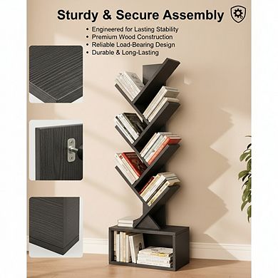 ZUQIETA 6-Tier Tree Bookcase with LED Lights, Corner Storage Shelf for Living Room, Bedroom & Home