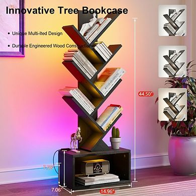 ZUQIETA 6-Tier Tree Bookcase with LED Lights, Corner Storage Shelf for Living Room, Bedroom & Home