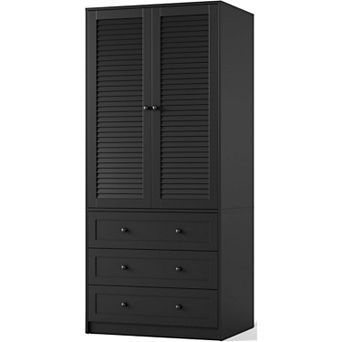 ZUQIETA 69.5" Armoire Wardrobe with 2 Doors & Drawers, Louvered Wooden Cabinet, Black