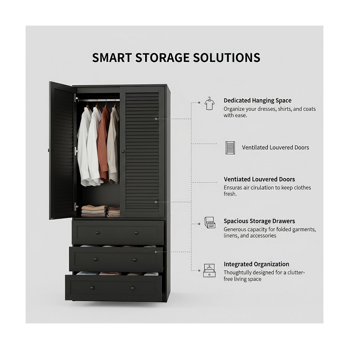 Black armoire wardrobe with louvered doors and drawers feature callouts
