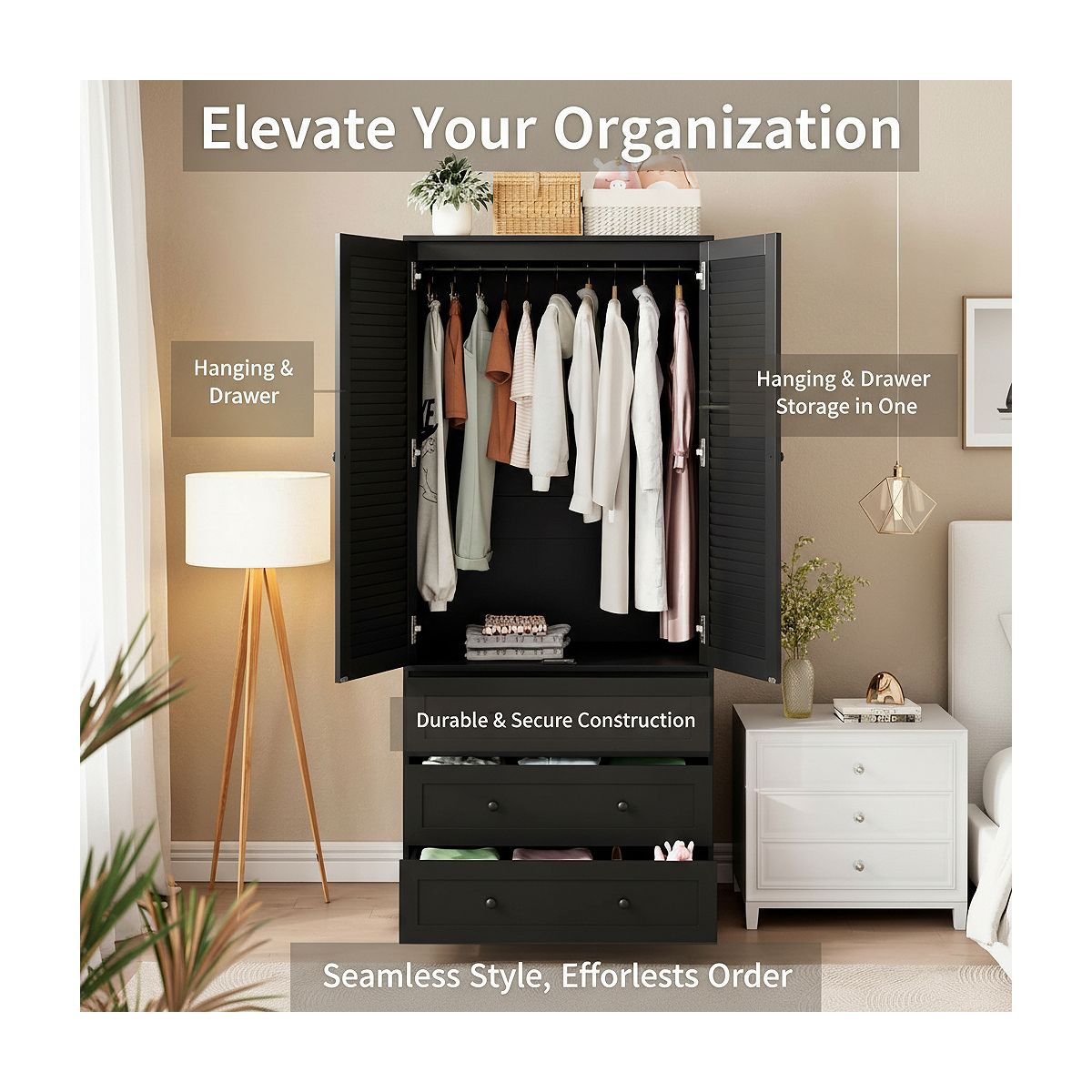Black armoire wardrobe with louvered doors open, hanging space and drawers