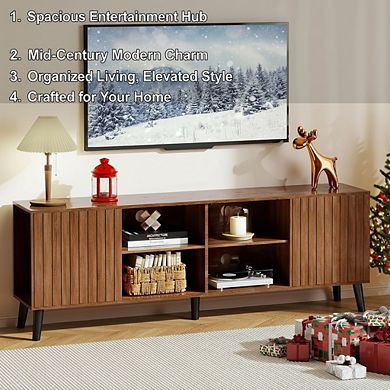 ZUQIETA Mid-Century TV Stand for 75"+TVs-Storage Media Console with Adjustable Shelves,Walnut