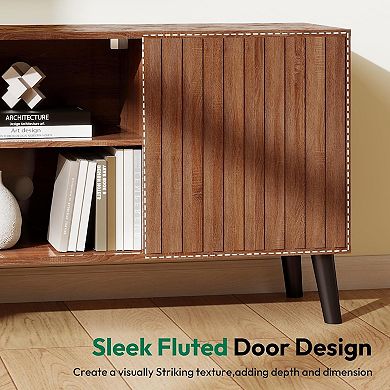 ZUQIETA Mid-Century TV Stand for 75"+TVs-Storage Media Console with Adjustable Shelves,Walnut