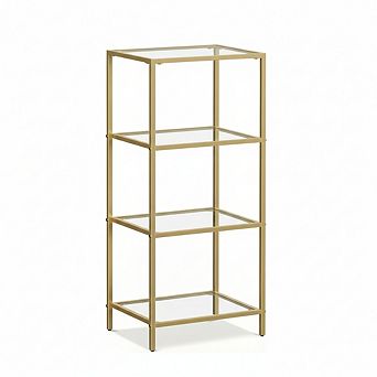 ZUQIETA 4 tier Bookshelf with Tempered Glass, Metallic Gold Steel Frame for Bedroom, Bathroom Home