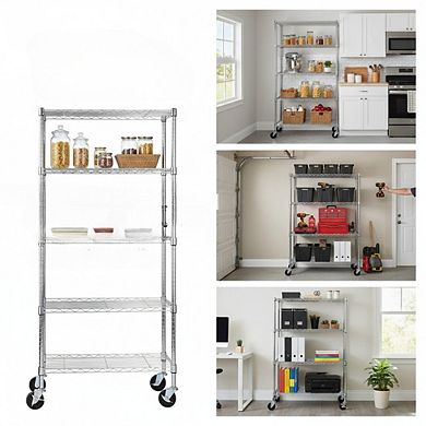 KSIZUIS Heavy Duty 5-Shelf Metal Rack - Adjustable on 4" Industrial Casters, Chrome
