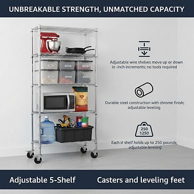 KSIZUIS Heavy Duty 5-Shelf Metal Rack - Adjustable on 4" Industrial Casters, Chrome